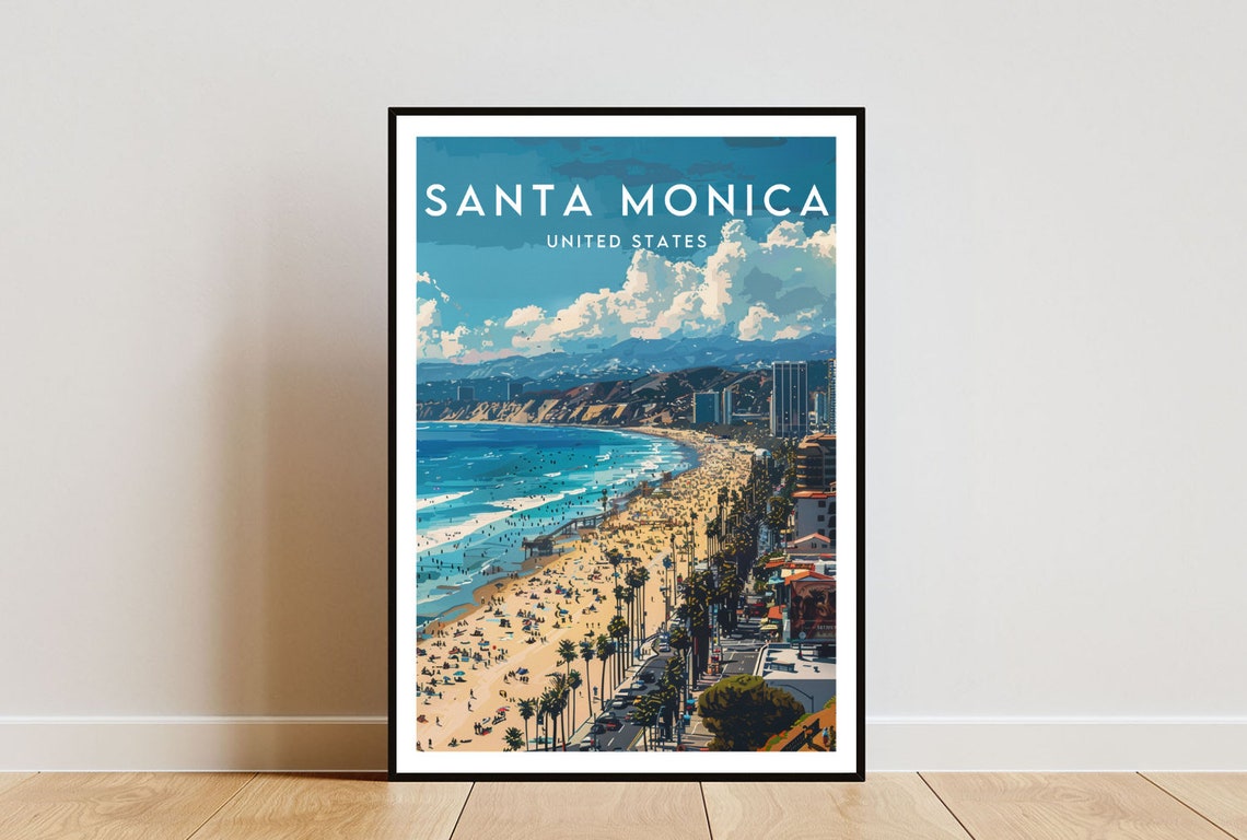 Santa Monica United States Aerial Beach Palms Coast Travel Poster