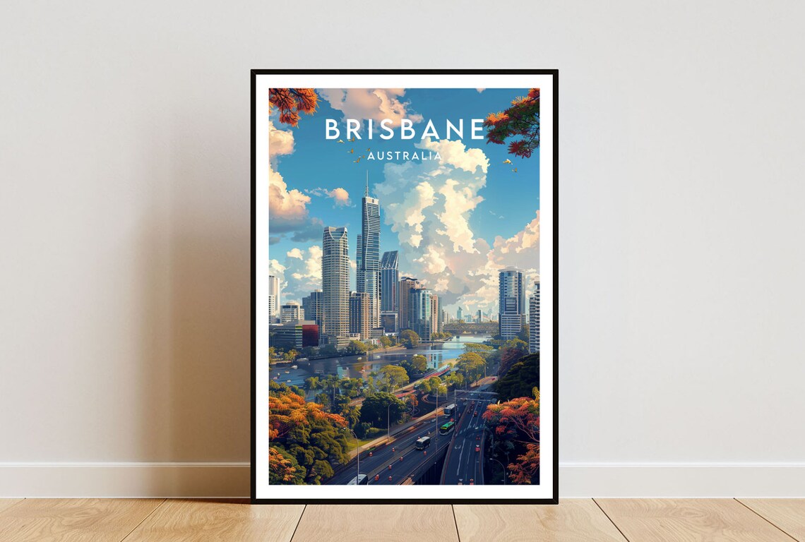 Brisbane Australia Downtown Skyline River View Vintage Travel Poster