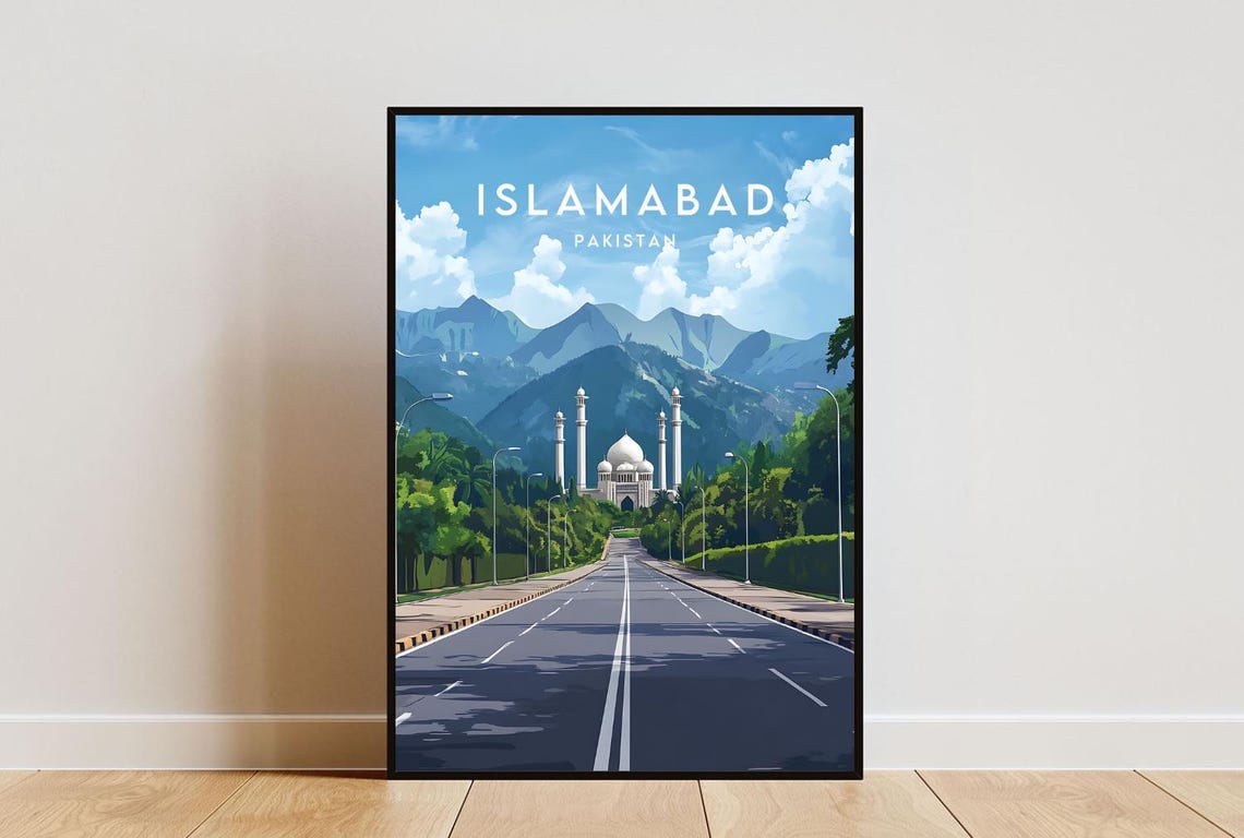 Islamabad Pakistan Faisal Mosque Avenue Mountains Travel Poster