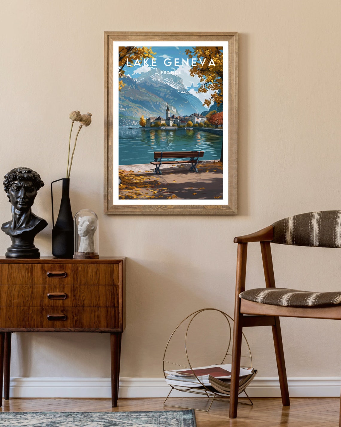 Lake Geneva France Autumn Lakeside Bench Mountain View Poster - Image 2