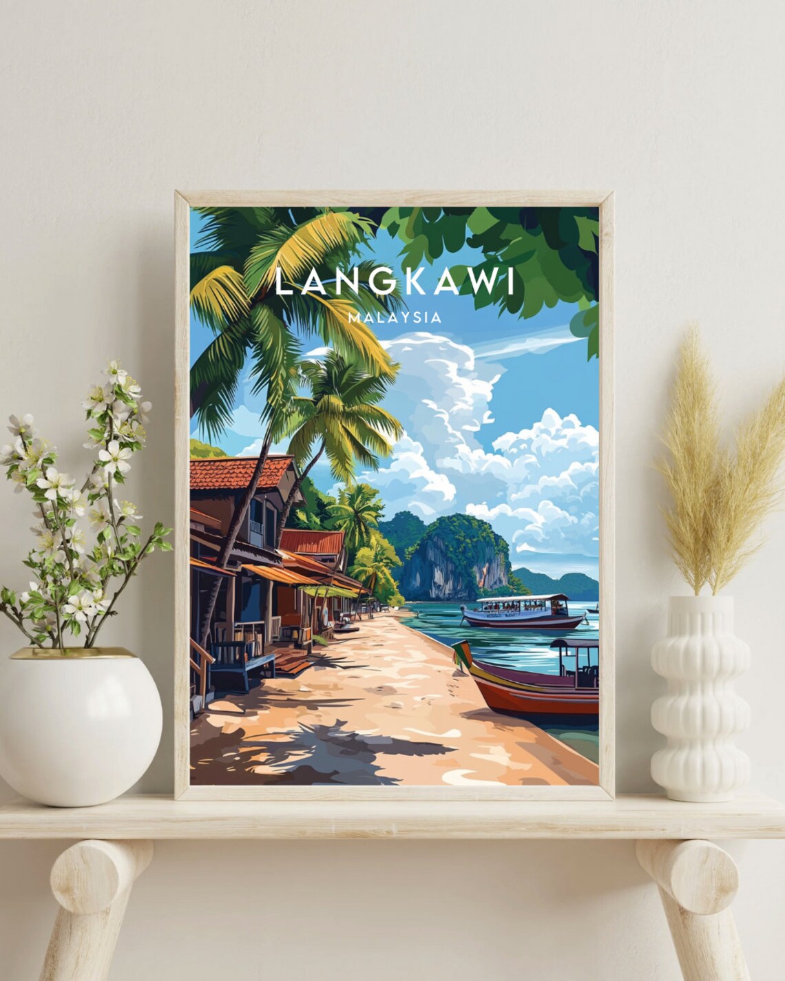 Langkawi Malaysia Tropical Beach Palms and Boats Travel Poster - Image 4