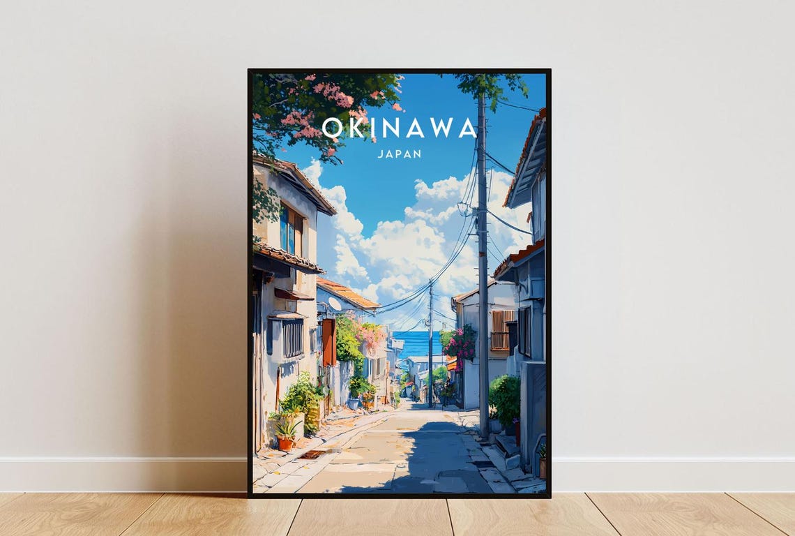 Okinawa Japan Island Village Lane Ocean View Tropical Poster