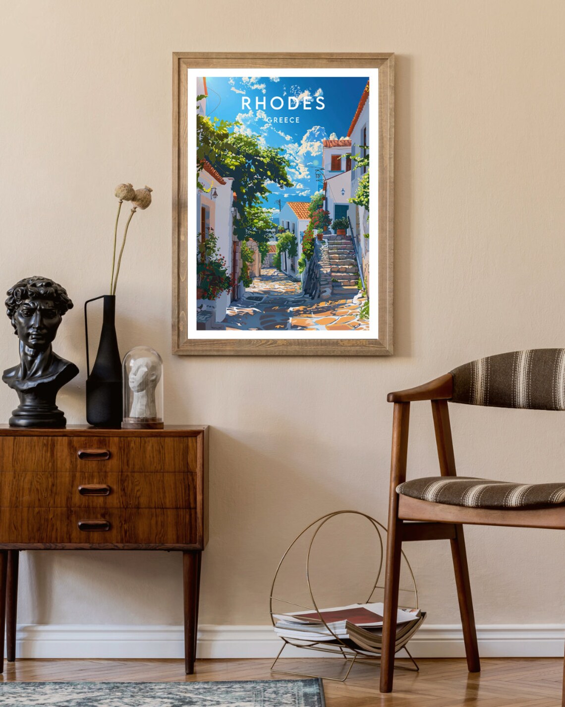 Rhodes Greece Whitewashed Alley Stairs Sea View Vintage Travel Poster - Image 2