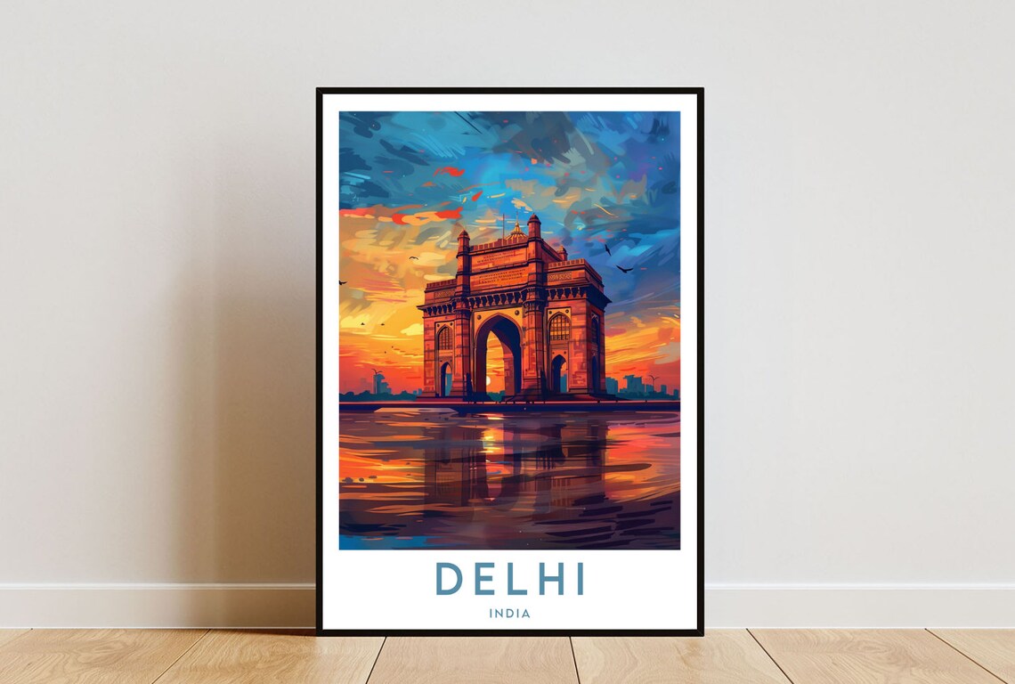 Delhi India Sunset Arch Monument Water Reflection Travel Poster