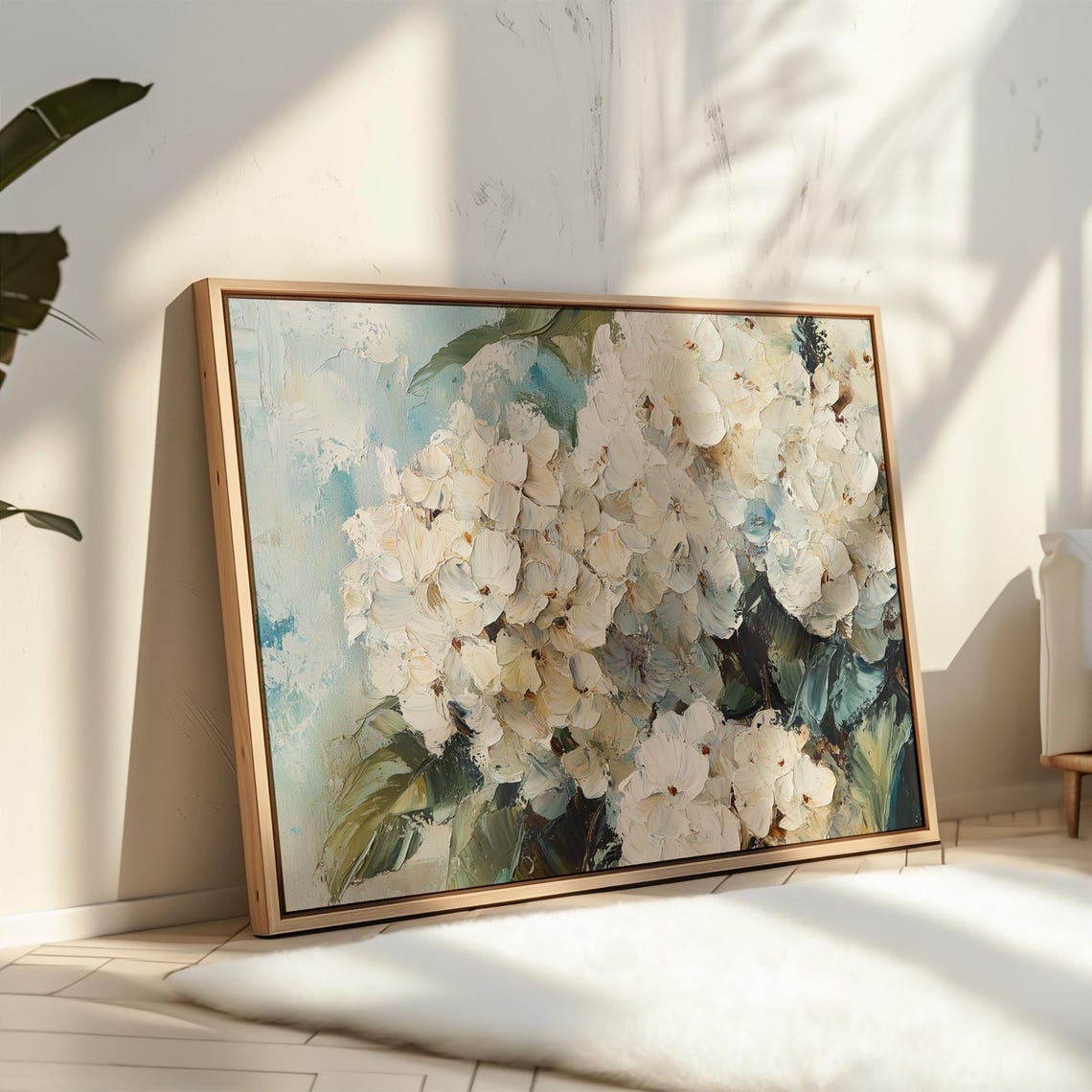 White Hydrangea Bloom Textured Impasto Blue Green Floral Art Print