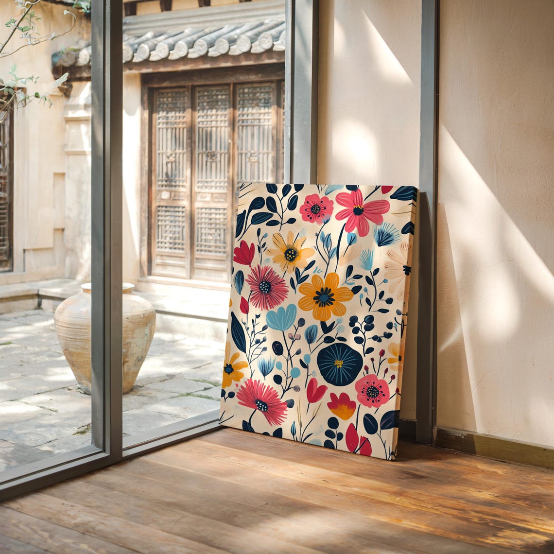 Dynamic Floral Illustration With Colorful Blossoms In Pink Yellow Blue And Red Hues Featuring Bold Modern Botanical Patterns - Image 3