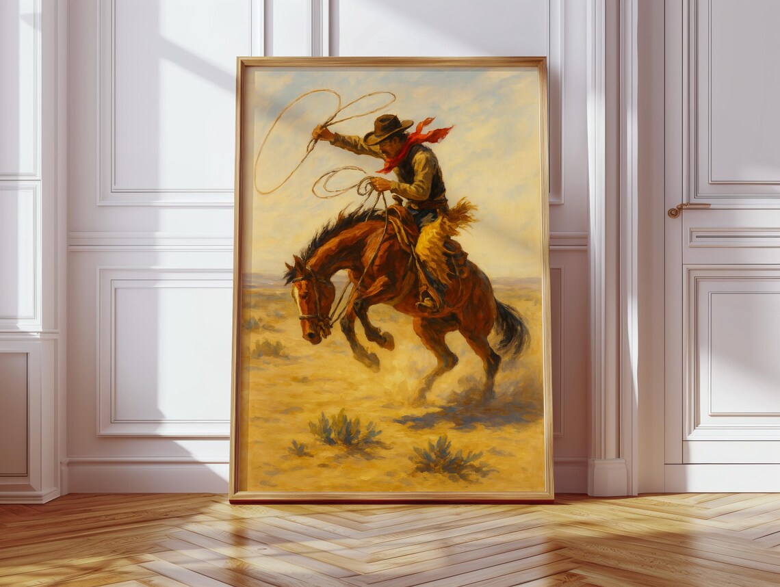 Wild West Cowboy Roping on Horse, Western Rodeo Art Print