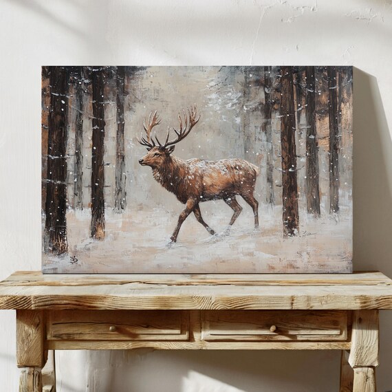 Majestic Elk In Snowy Winter Forest Rustic Wildlife Painting Style Print