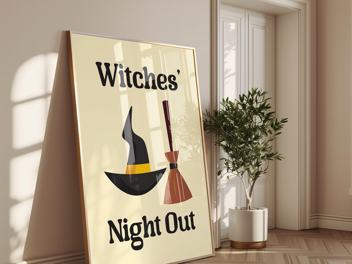 Witches Night Out Vintage Witch Hat Broom Art Cute Halloween Decor Poster - Image 2