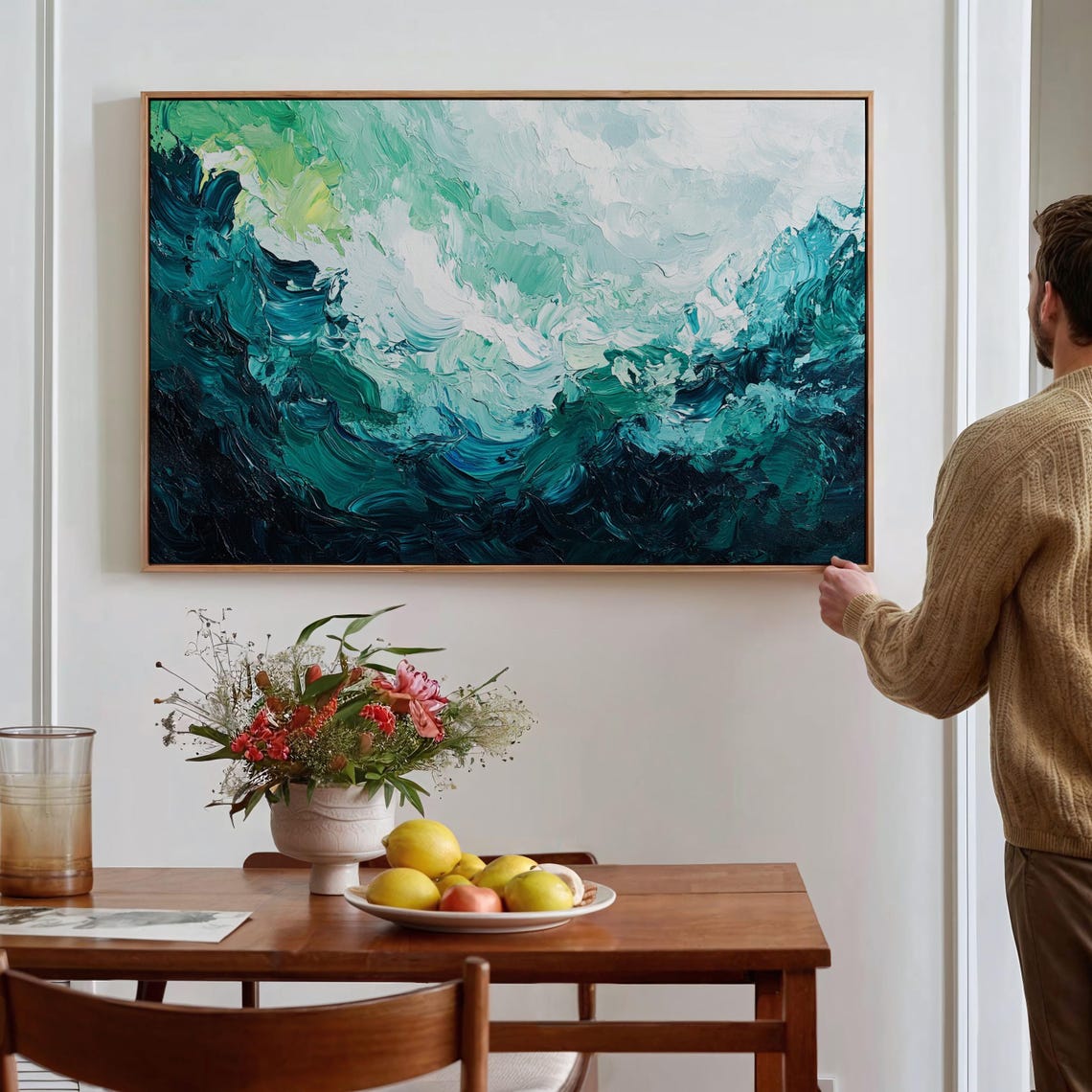 Emerald Ocean Waves Textured Abstract Palette Knife Coastal Art Print - Image 2
