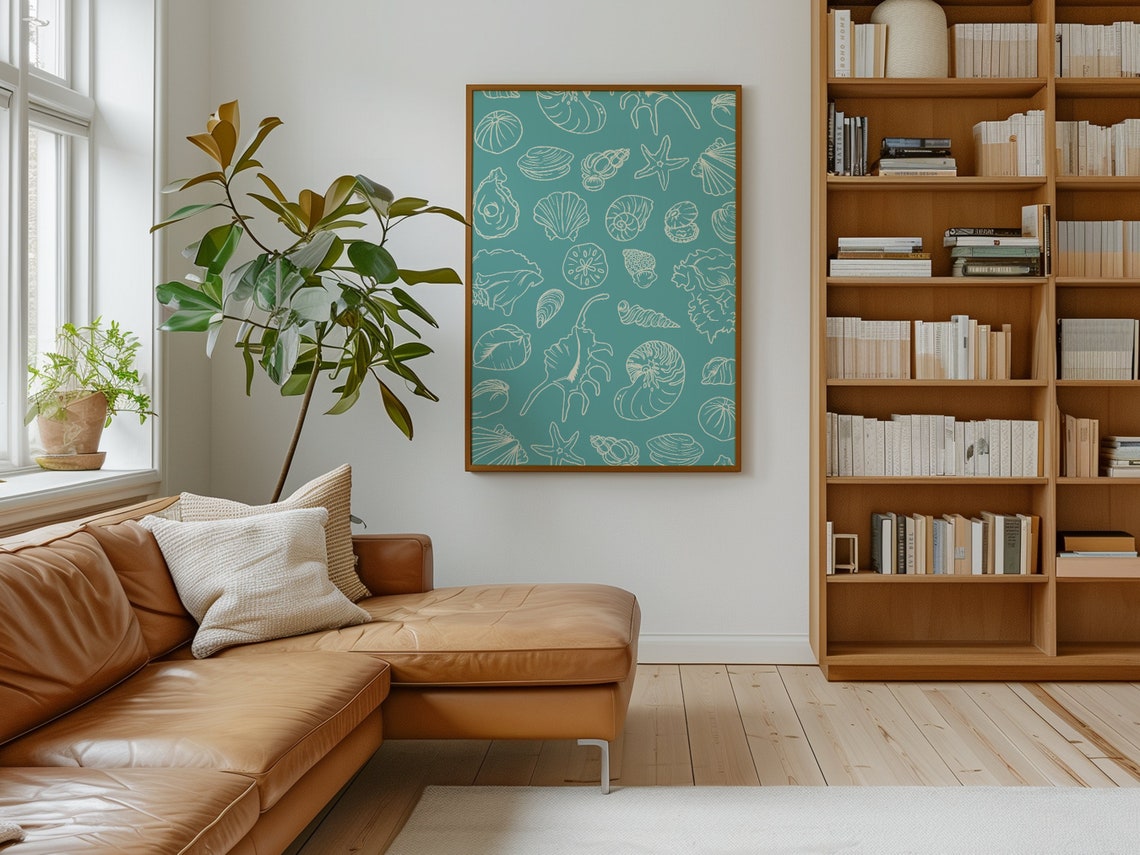 Cream Seashell Line Art Pattern Teal Ocean Tropical Beach Poster - Image 2