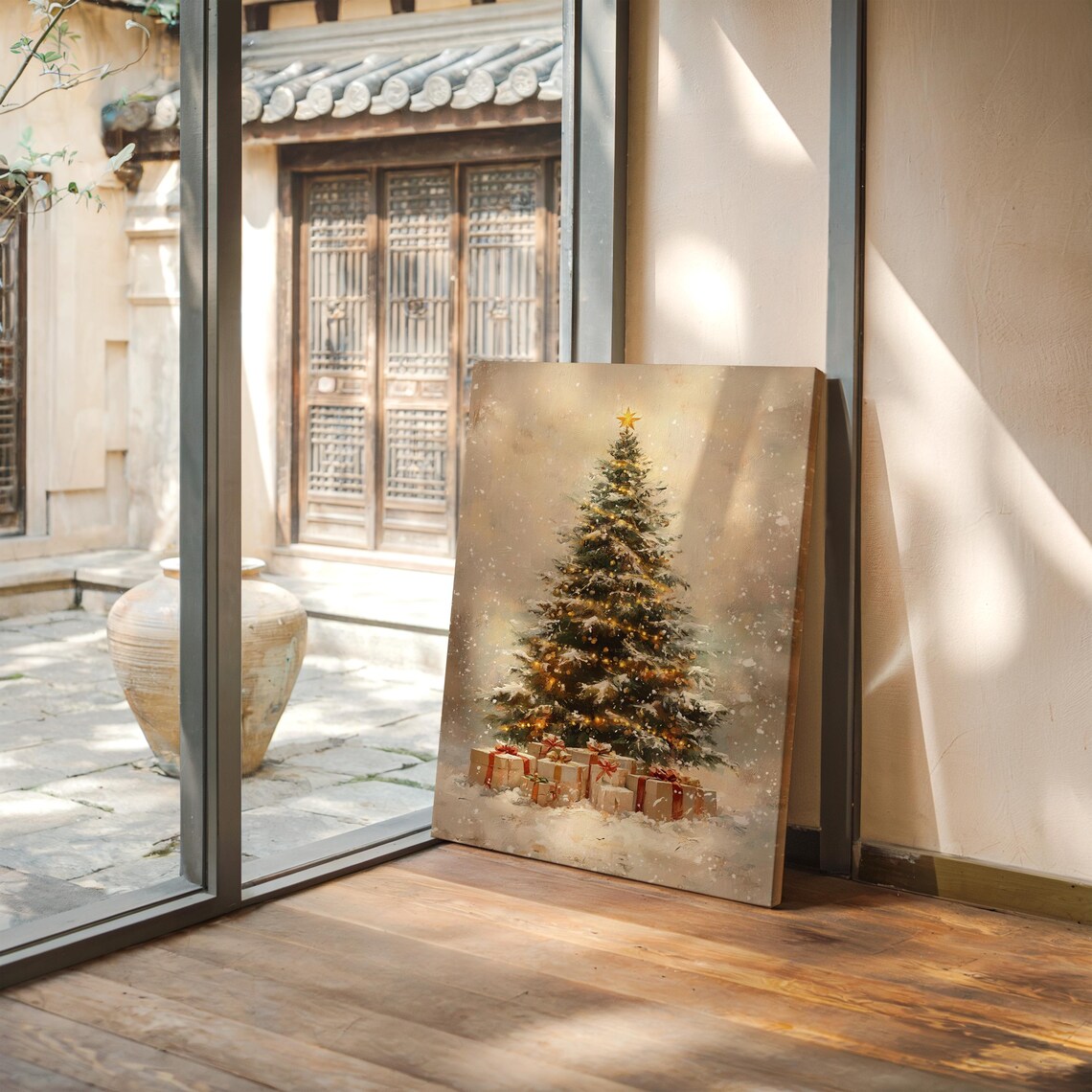 Snowy Christmas Tree With Golden Lights And Gifts Cozy Holiday Poster - Image 4