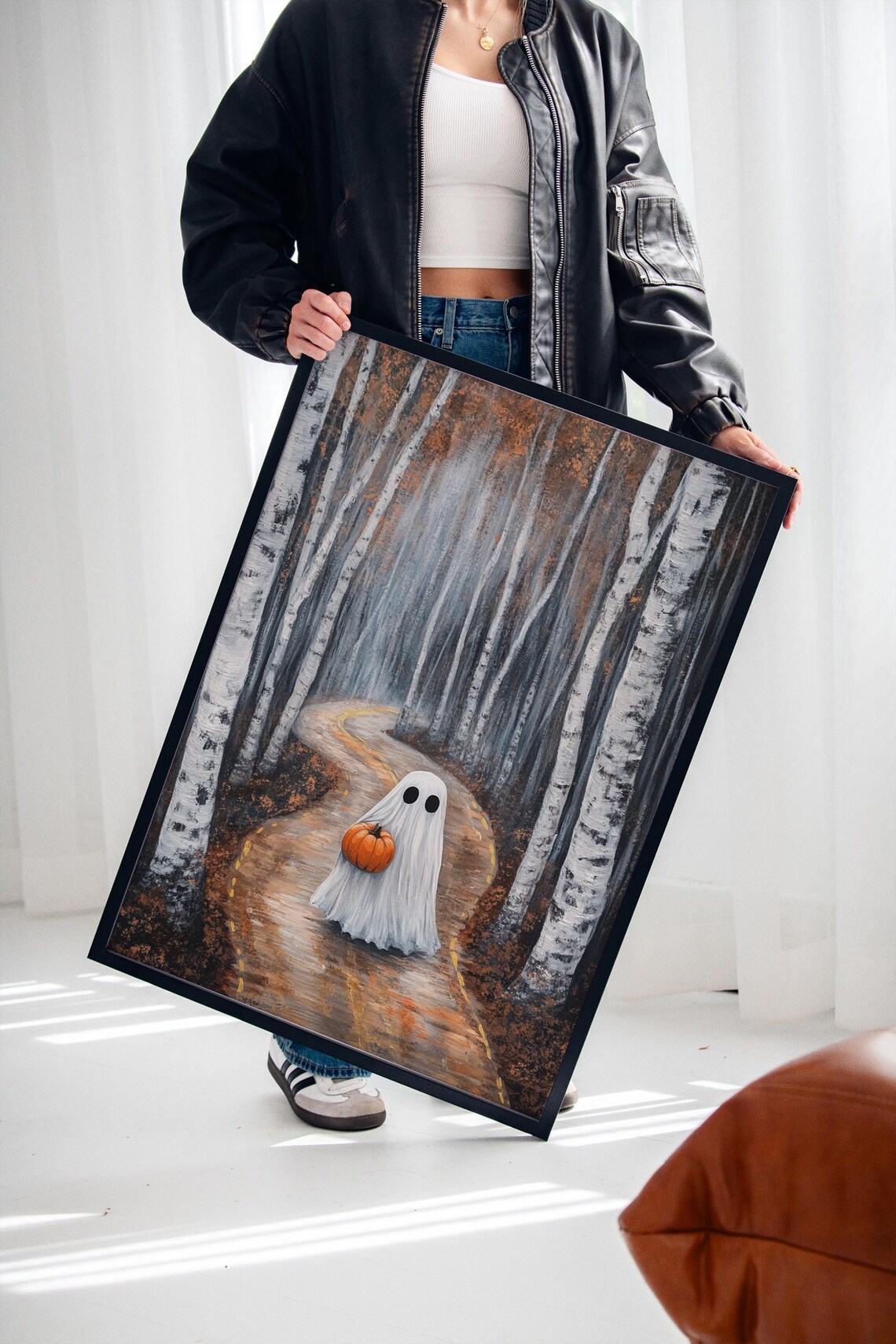 Ghost Holding Pumpkin Walking Down Autumn Birch Forest Road Poster - Image 2