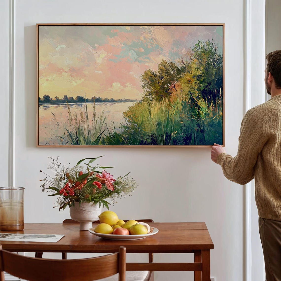 Impressionist River Sunset Painting Tranquil Landscape Wall Art Print With Pastel Skies And Lush Greenery - Image 3