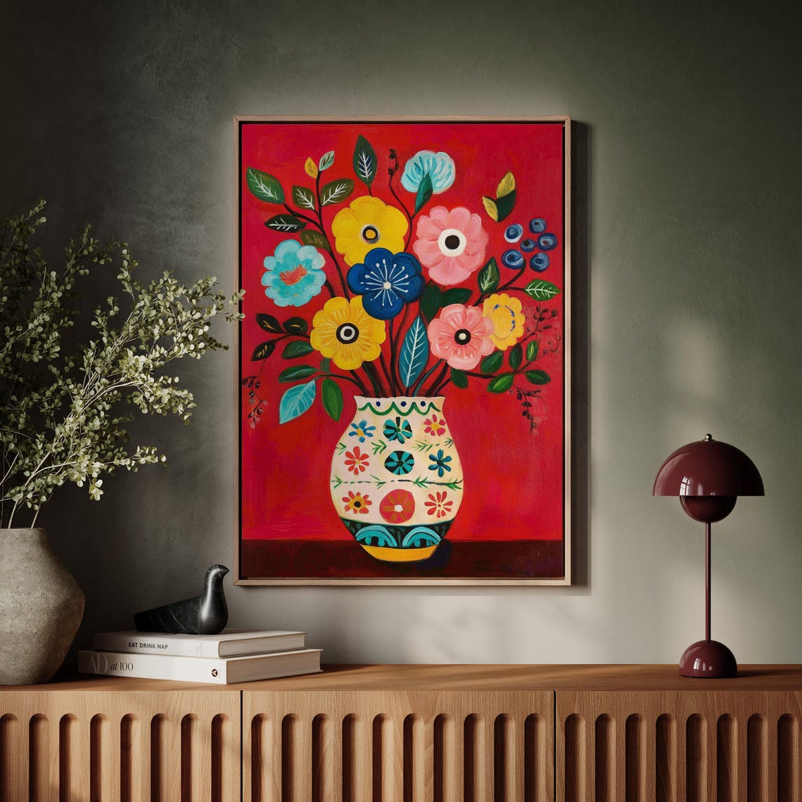 Vibrant Folk Art Floral Bouquet In A Patterned Vase On Bold Red Background - Image 2
