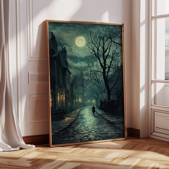 Victorian Moonlit Street, Moody Gothic Art Print