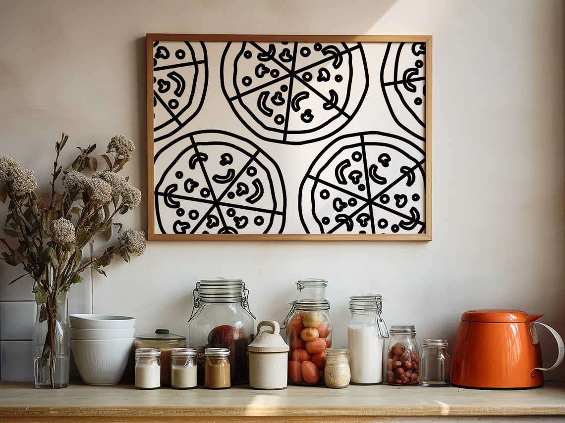 Pizza Pattern Bold Black Line Art Cream Minimalist Kitchen Wall Art - Image 2