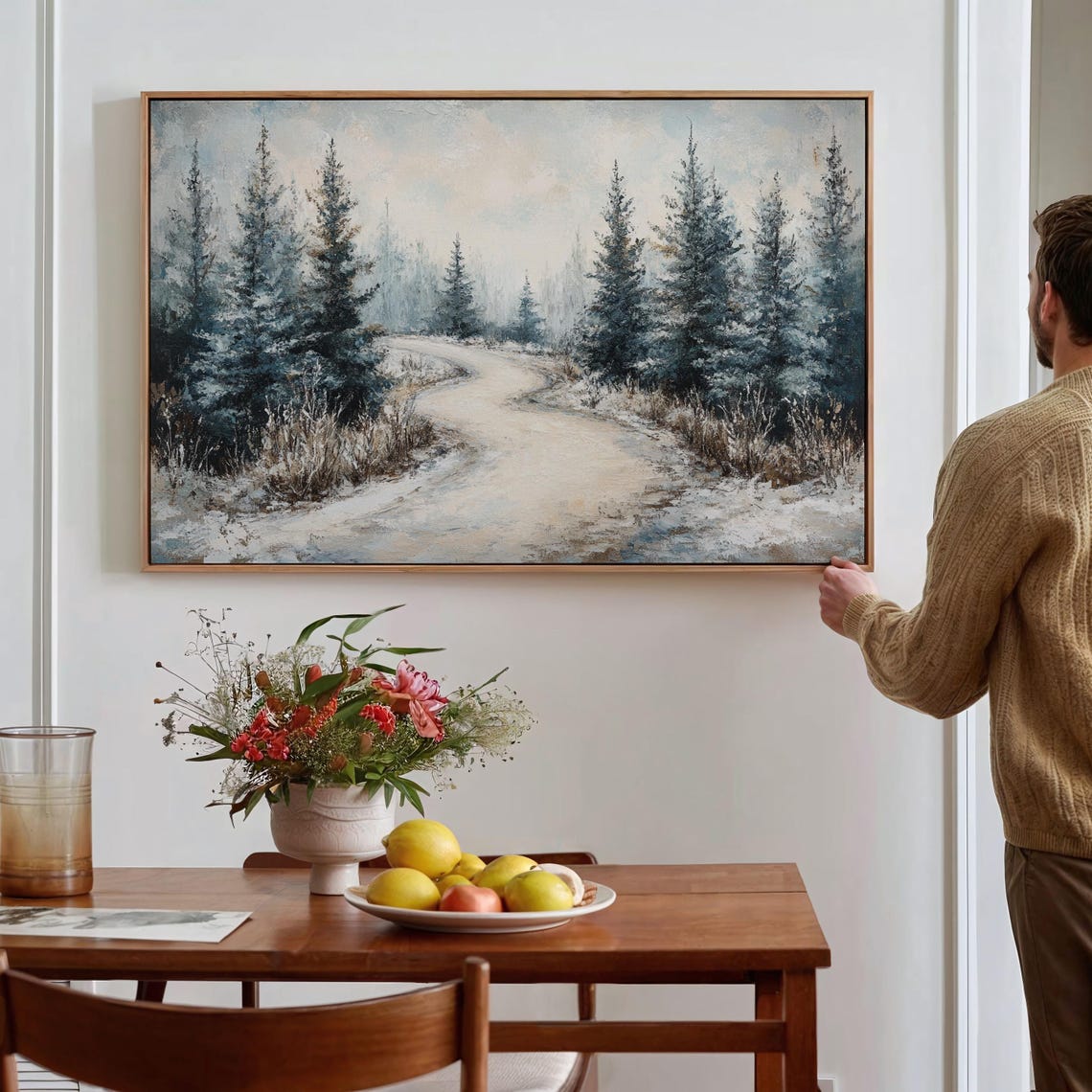 Snowy Path Through Winter Forest Wall Art Print Serene Landscape Painting For Cozy Home Decor - Image 3