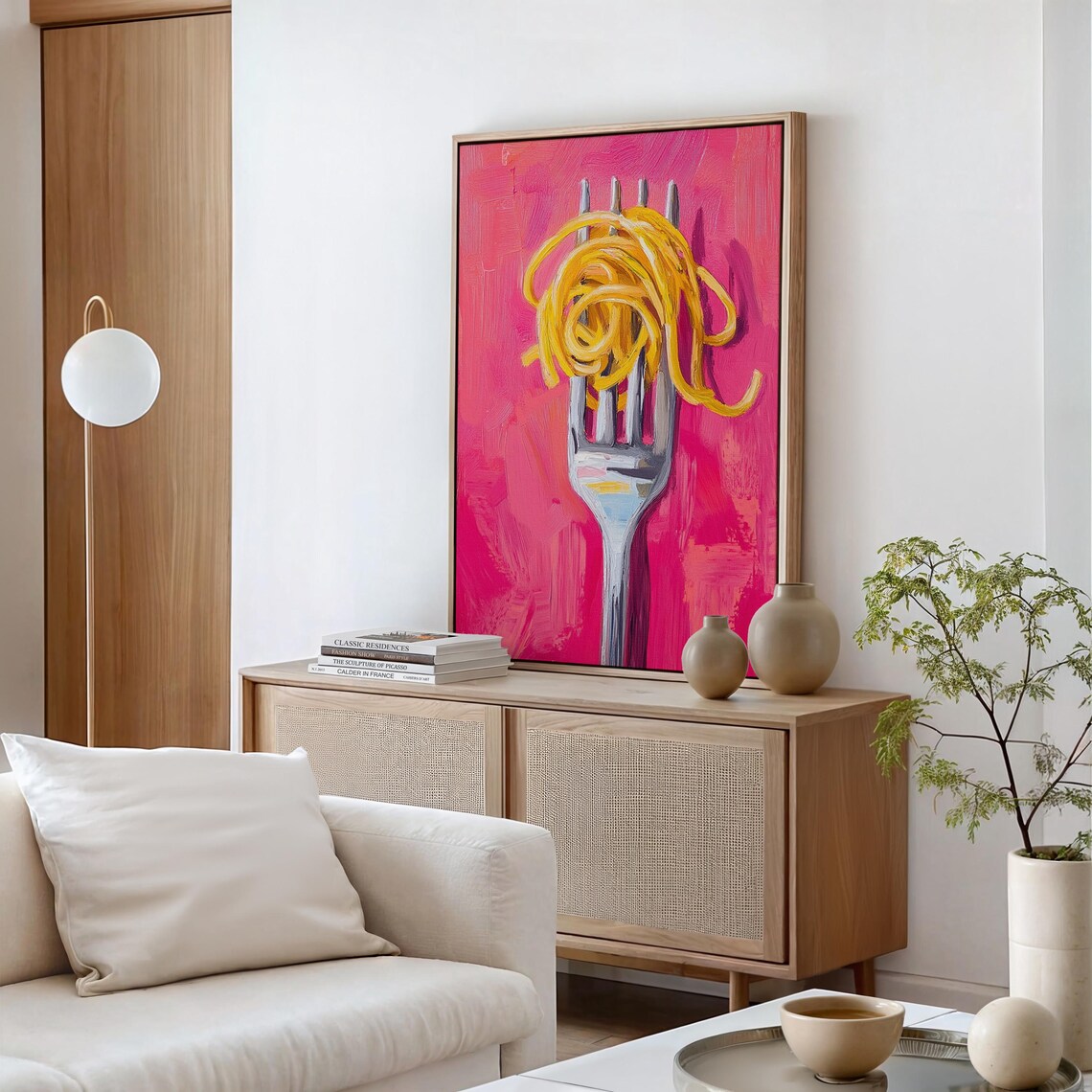 Fork With Golden Spaghetti Vibrant Hot Pink Modern Food Art Poster - Image 3