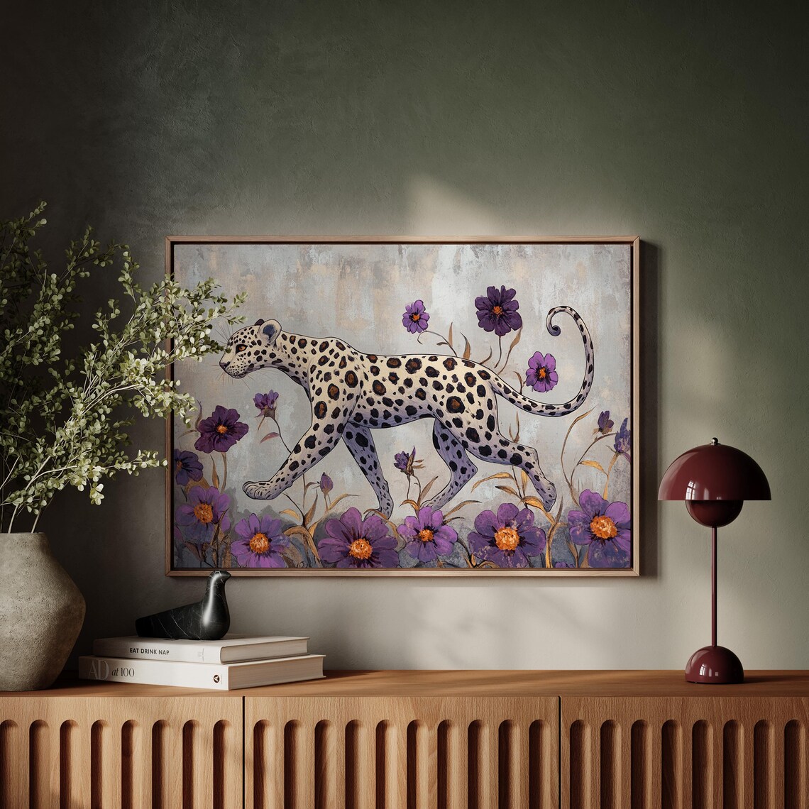 Black And White Leopard Walking Purple Flowers Wildflower Wildlife Poster - Image 2