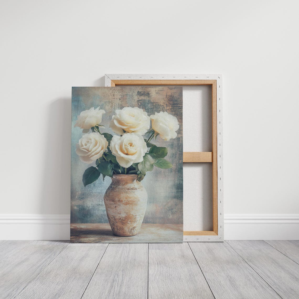 White Roses In Rustic Vase Cottagecore Floral Still Life Wall Art - Image 4