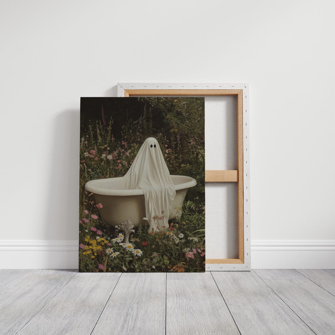 Whimsical Ghost Resting On Bathtub Cottagecore Floral Art Print - Image 3