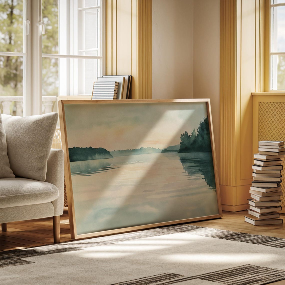 Serene Misty Lake Sunrise Reflections Calming Watercolor Nature Poster - Image 4
