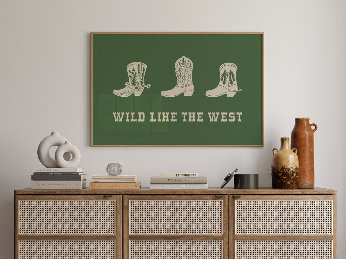 Wild Like The West Three Cowboy Boots Green Western Quote Poster - Image 4