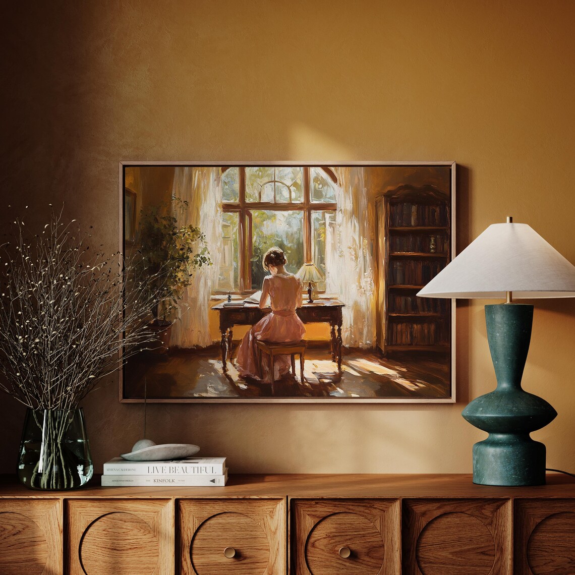 Woman Writing at Desk Before Sunlit Window Romantic Library Poster - Image 5
