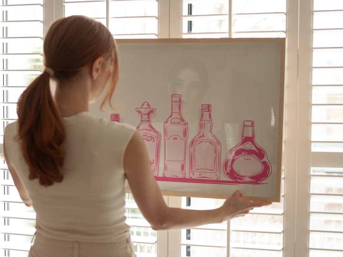 Pink Liquor Bottle Line Art Modern Bar Cart Wall Decor Poster - Image 2