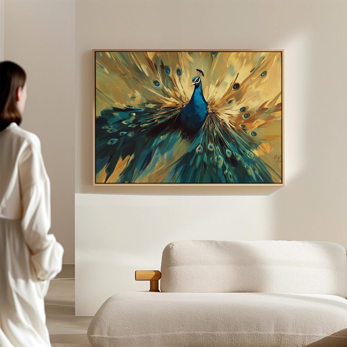 Bold Peacock Golden Teal Fanned Tail Striking Dramatic Bird Wall Art - Image 2