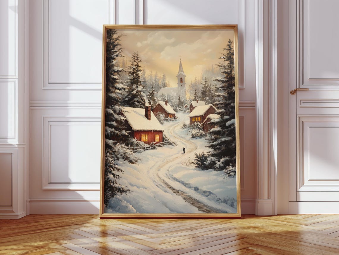 Peaceful Winter Village Scene, Rustic Holiday Decor - Image 2