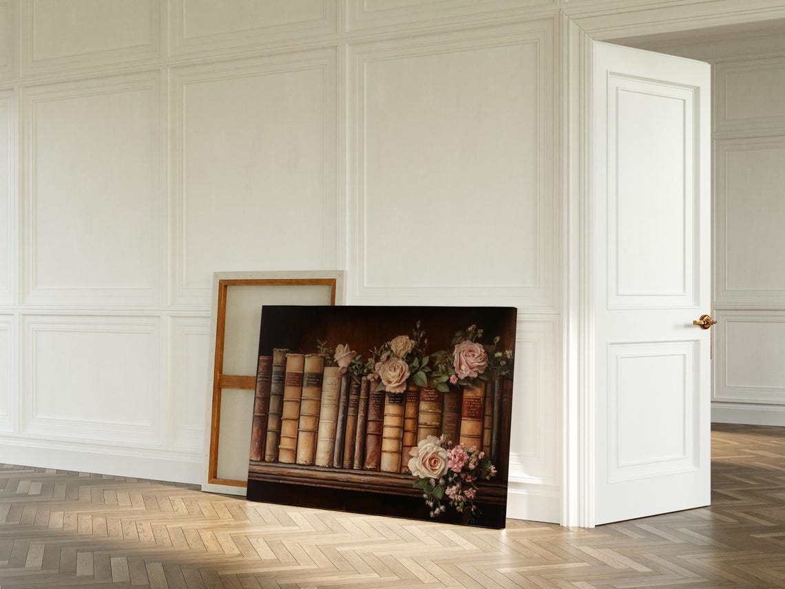Antique Books Shelf With Pink Roses Vintage Literary Wall Art - Image 3