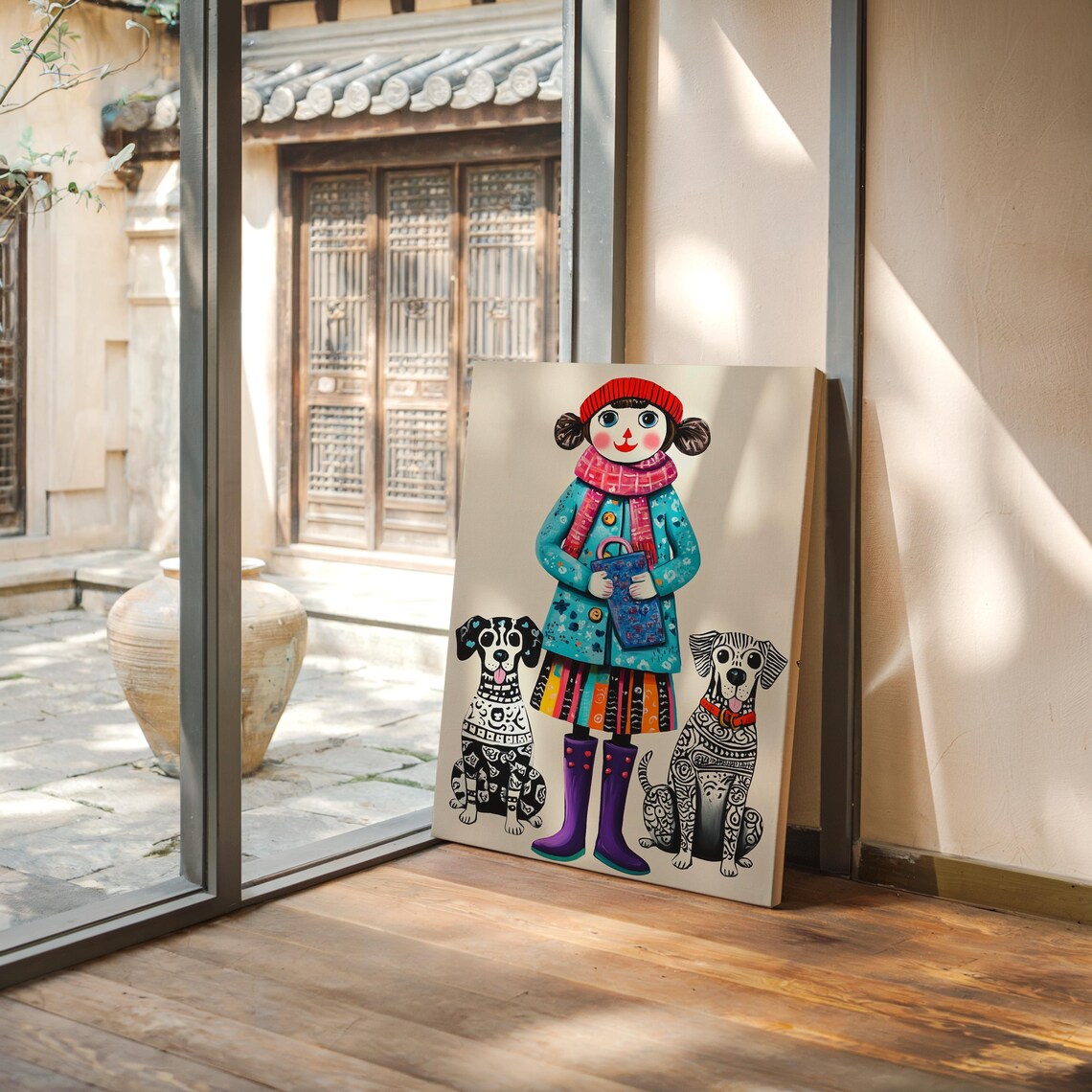 Whimsical Girl With Two Dalmatian Dogs Colorful Folk Art Kids Poster - Image 2