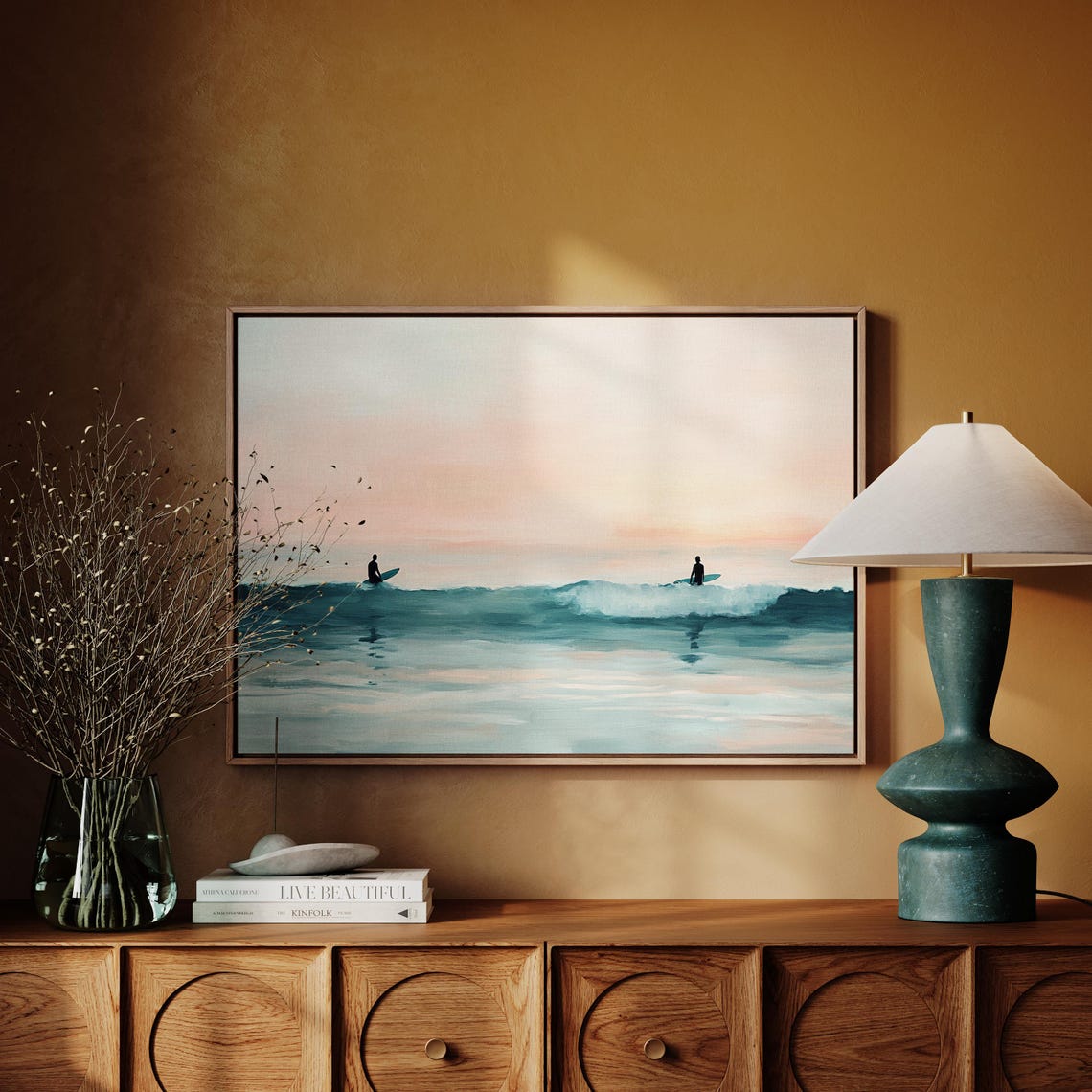 Two Surfers At Sunset Pastel Ocean Waves Silhouette Art Poster - Image 2