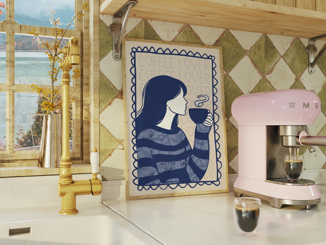 Coffee Lover Navy Blue Woman Drinking Coffee Floral Kitchen Wall Art - Image 4