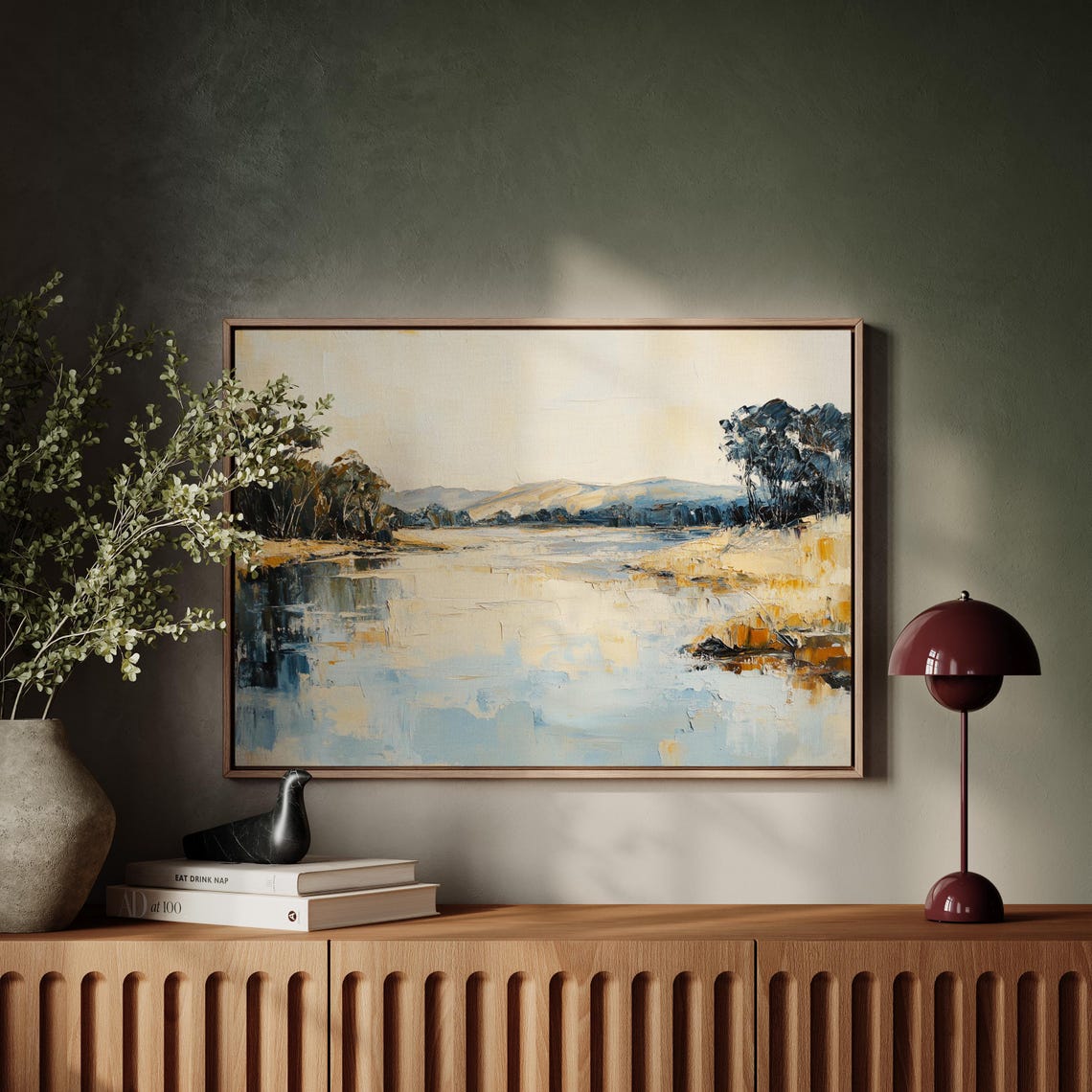 Muted River Landscape In Warm And Cool Tones Serene Water Art Print - Image 5