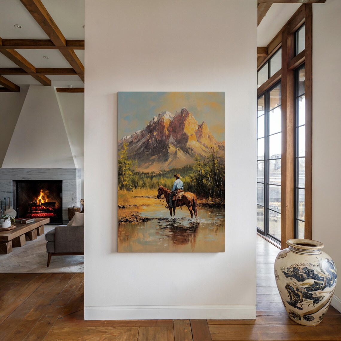 Cowboy And Horse Mountain Art Print, Rustic Ranch - Image 5