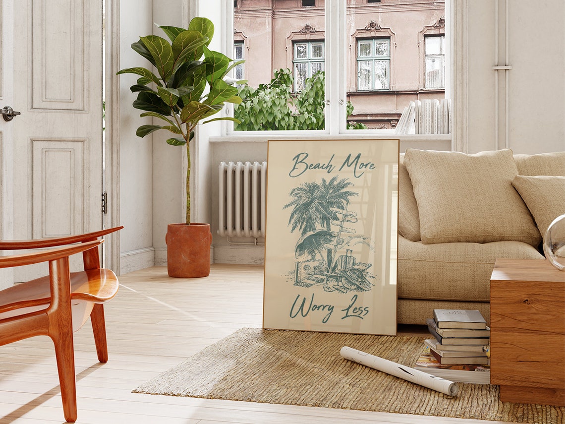 Beach More Worry Less Teal Palm Tree Script Coastal Quote Poster - Image 2