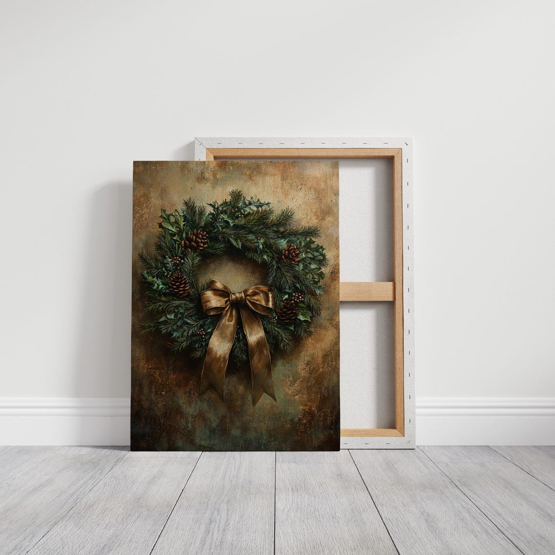 Elegant Holiday Wreath With Gold Bow Pinecones Vintage Christmas Print - Image 3