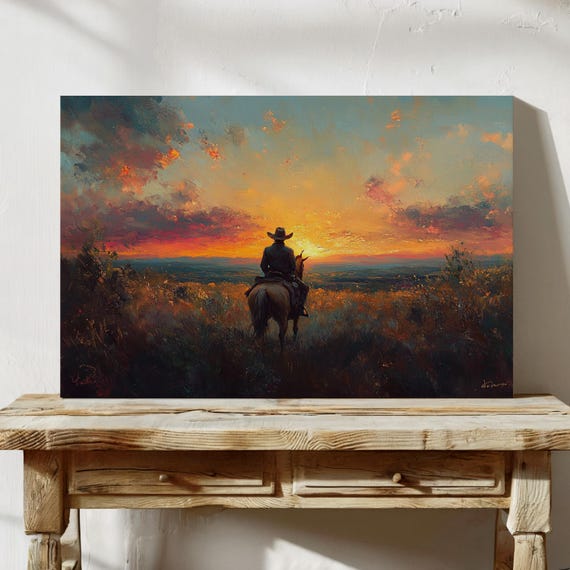 Lone Cowboy At Sunset Wall Art Print Western Horseback Landscape Painting With Vibrant Sky