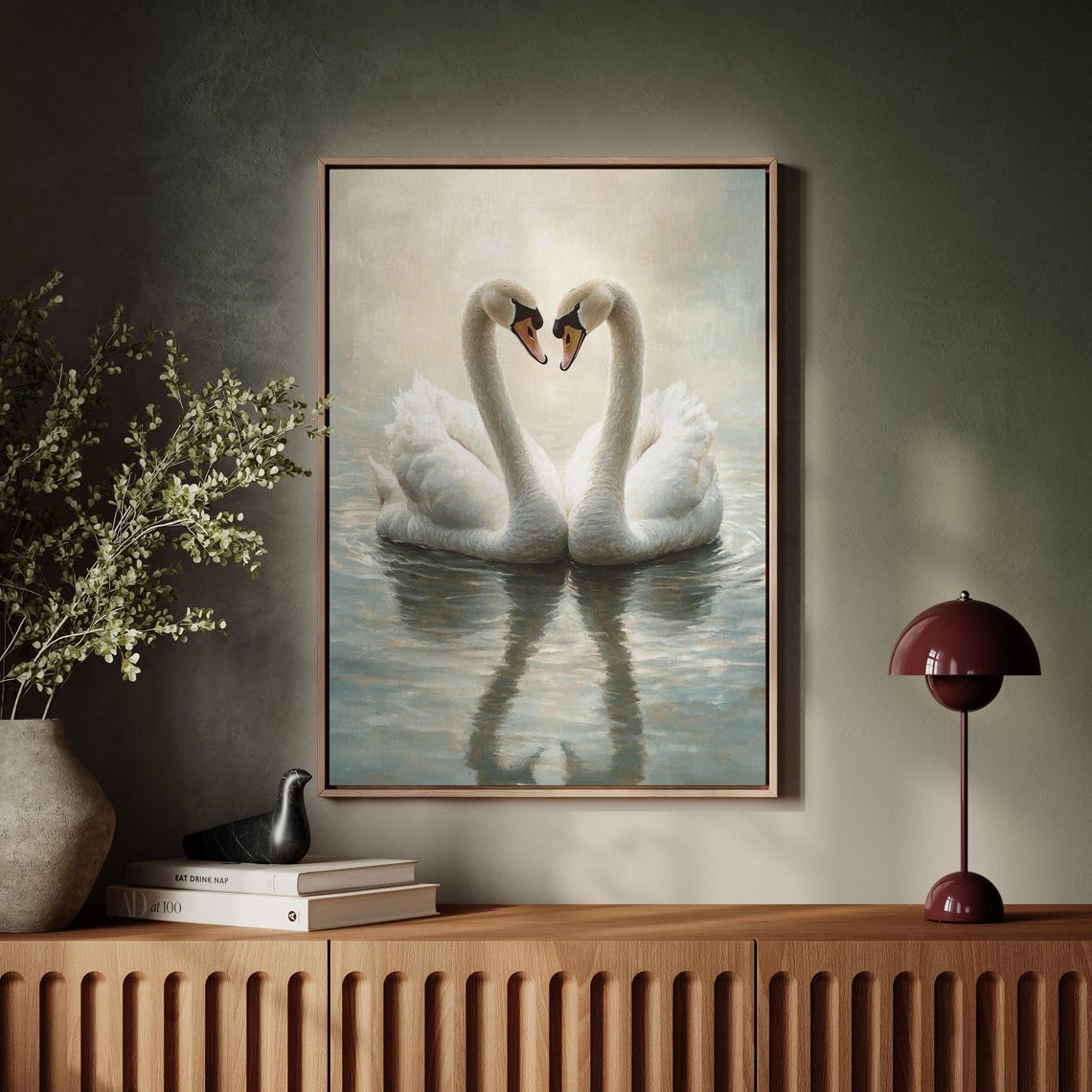 Elegant White Swans Forming Heart Golden Light Romantic Love Print - Image 5