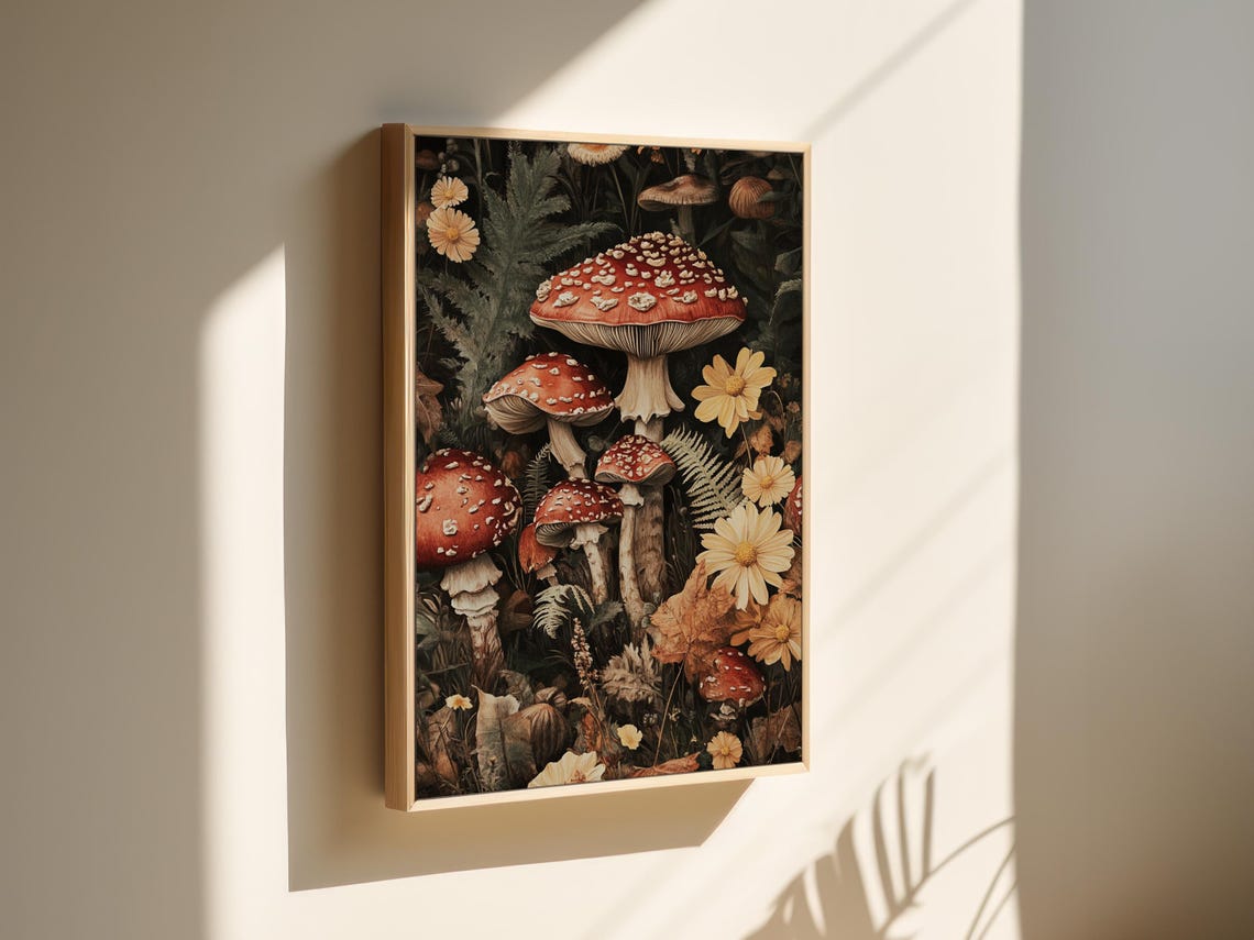 Red Fly Agaric Mushrooms Wildflowers Botanical Vintage Wall Poster - Image 3