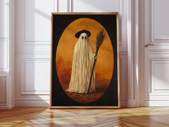 Vintage Ghost Witch With Broom Halloween Oval Portrait Poster