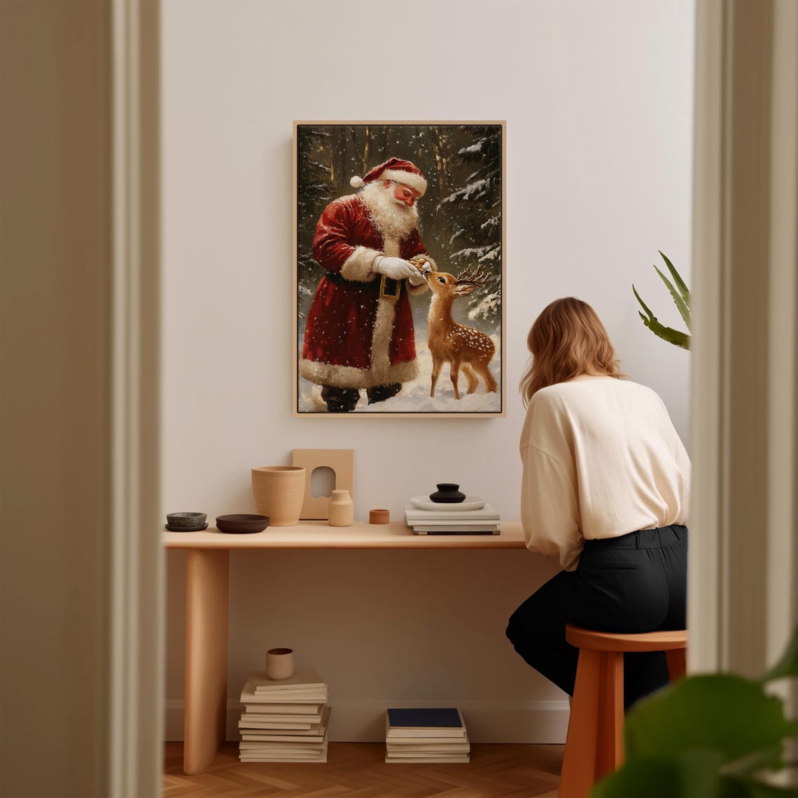 Santa And Reindeer Christmas Art Print Festive Holiday Wall Decor Vintage Winter Scene Cozy Seasonal Painting Heartwarming Santa Art - Image 3