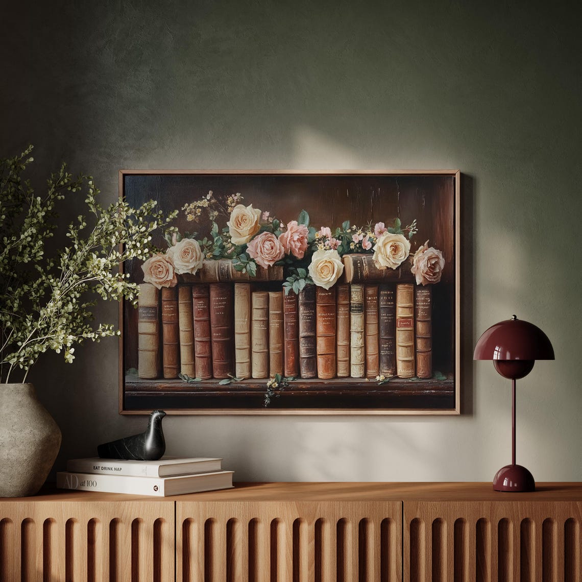 Vintage Books With Pink Roses Romantic Floral Library Wall Art - Image 4