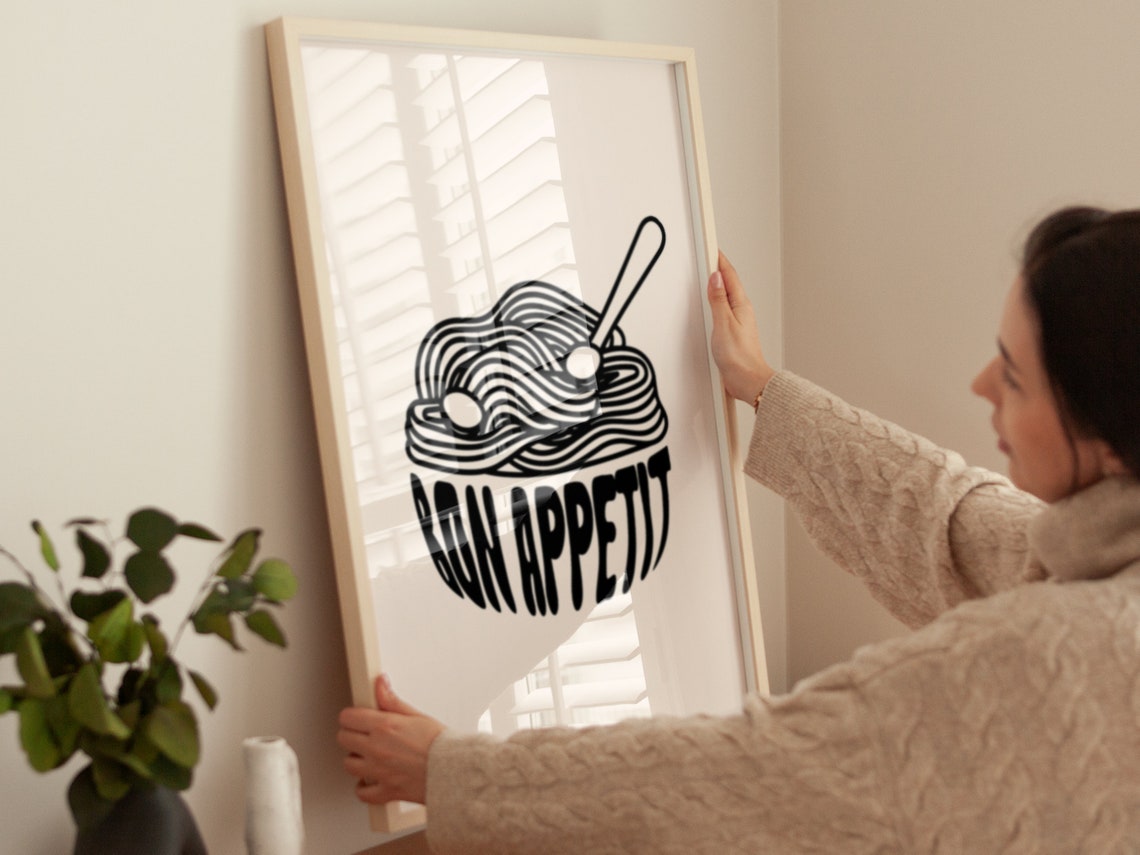 Bon Appetit Retro Noodle Bowl Line Art Fun Modern Kitchen Poster - Image 4