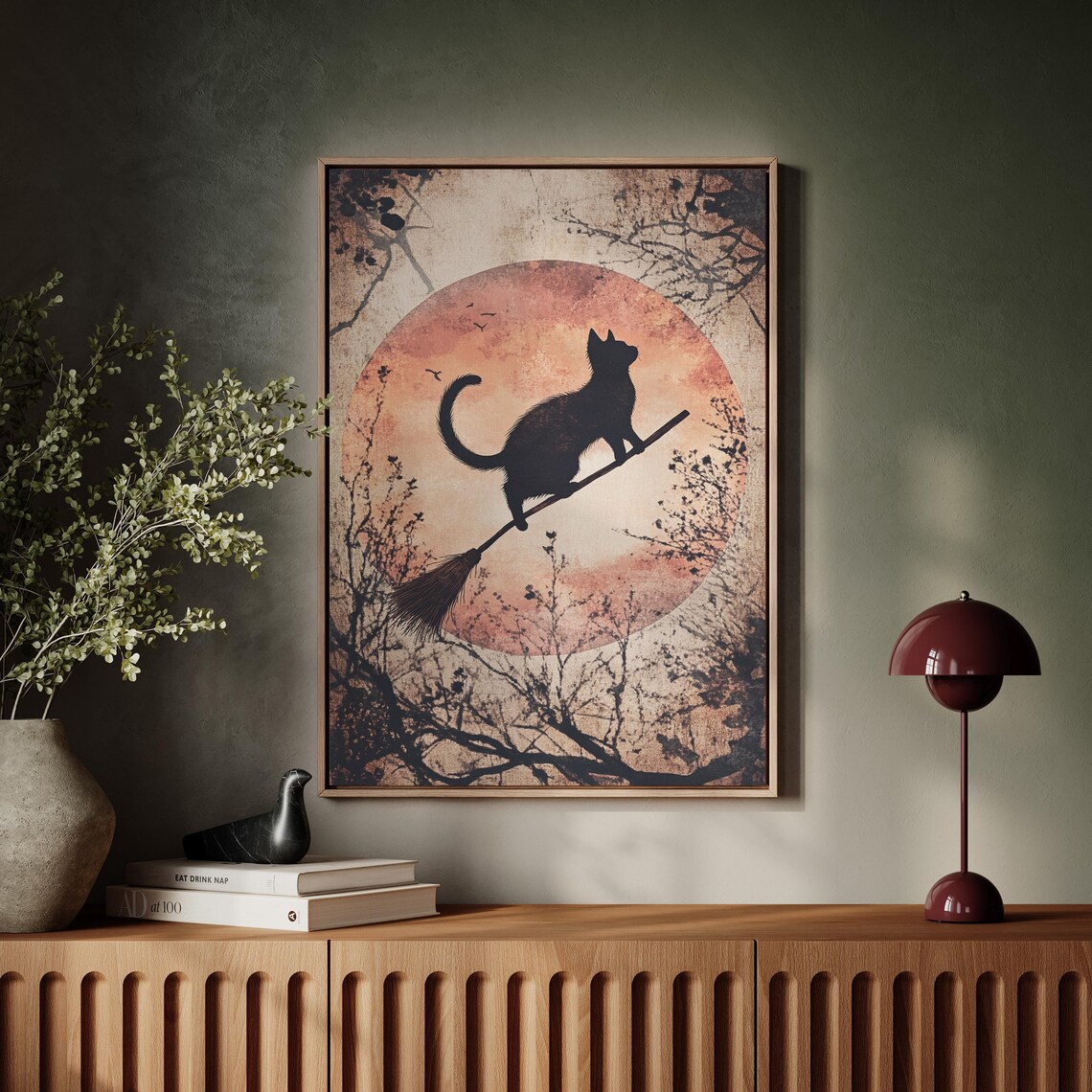 Black Cat Silhouette on Broomstick Orange Moon Vintage Halloween Wall Art - Image 5