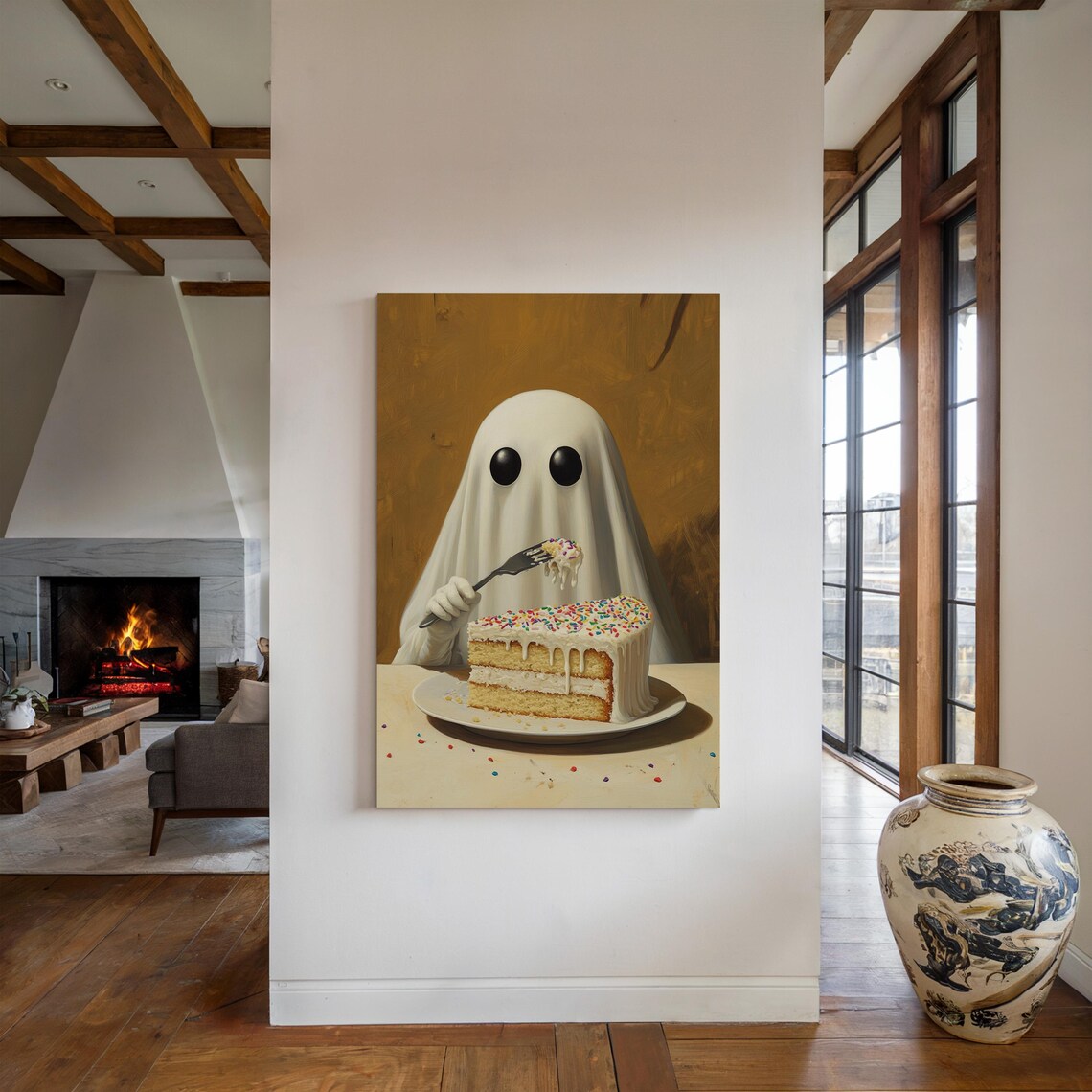 Cute Ghost Eating Cake, Funny Halloween Dessert - Image 4