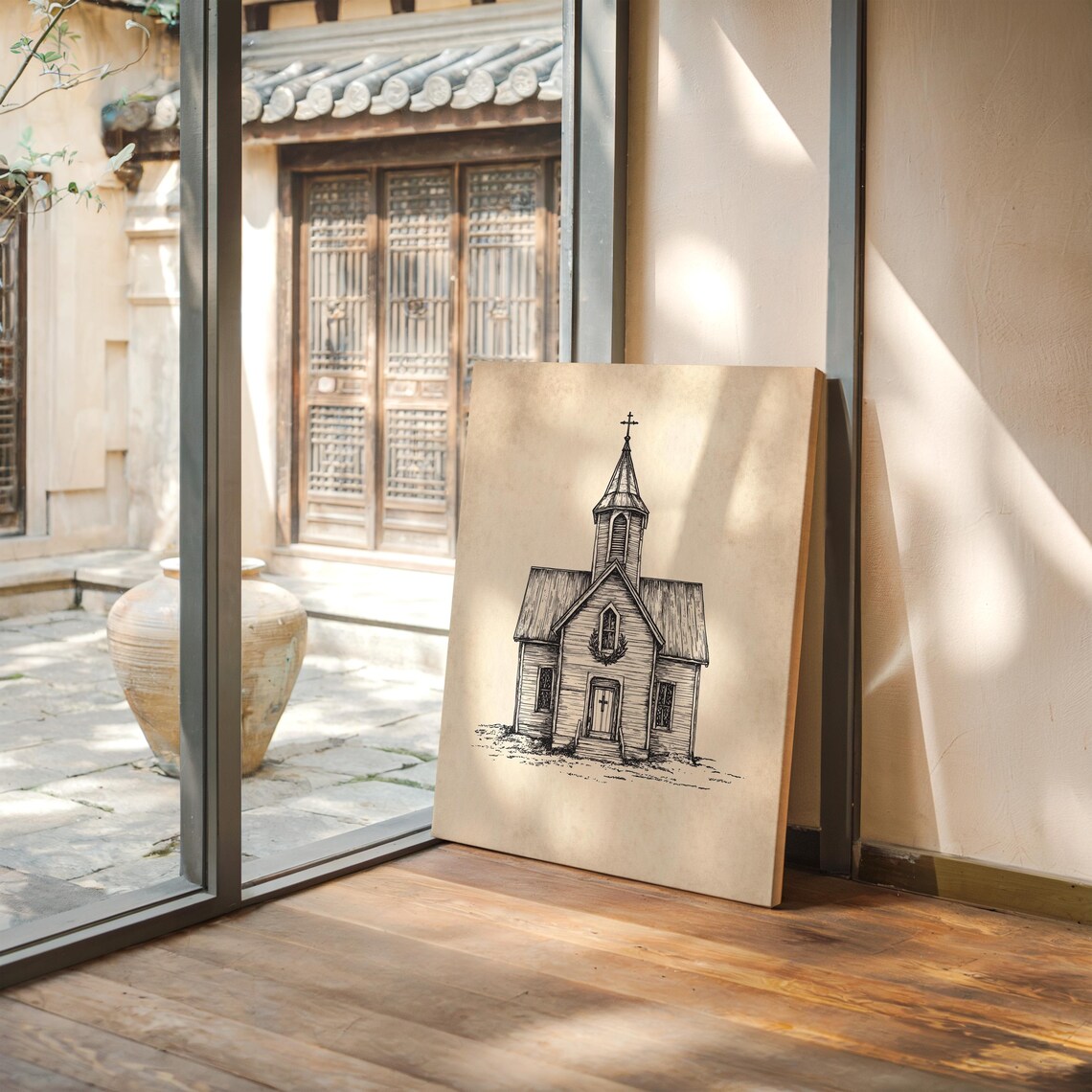 Rustic Country Church Ink Drawing, Vintage Chapel - Image 4